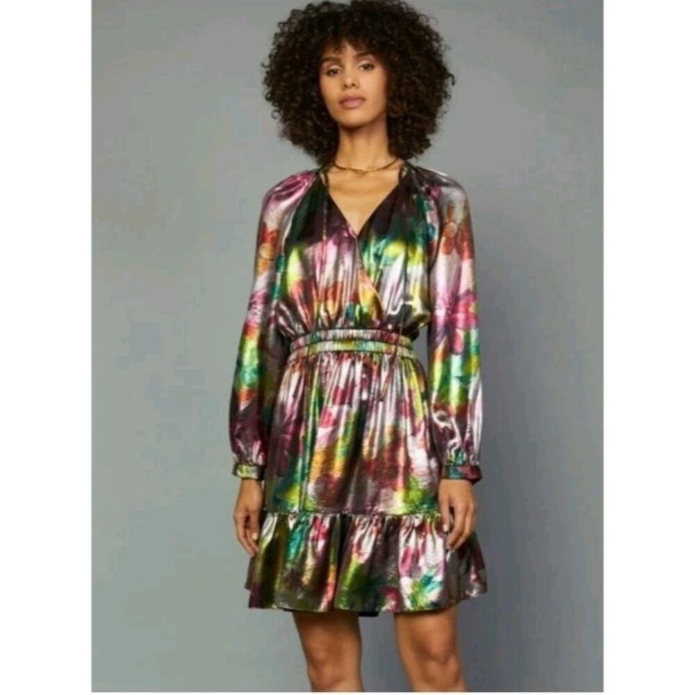 Current Air Metallic Multicolor Print Cut Out Dress Sz Medium Smocked Waist NWT